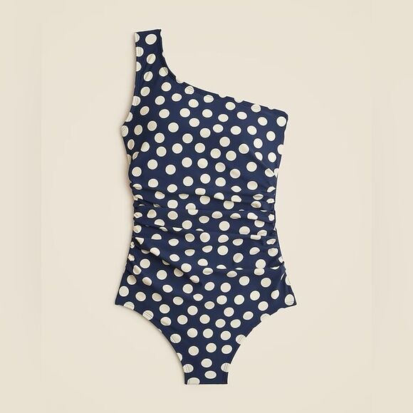 NWT J CREW Ruched one-shoulder one-piece in “Dark Evening Tan” polka dot - Picture 3 of 7